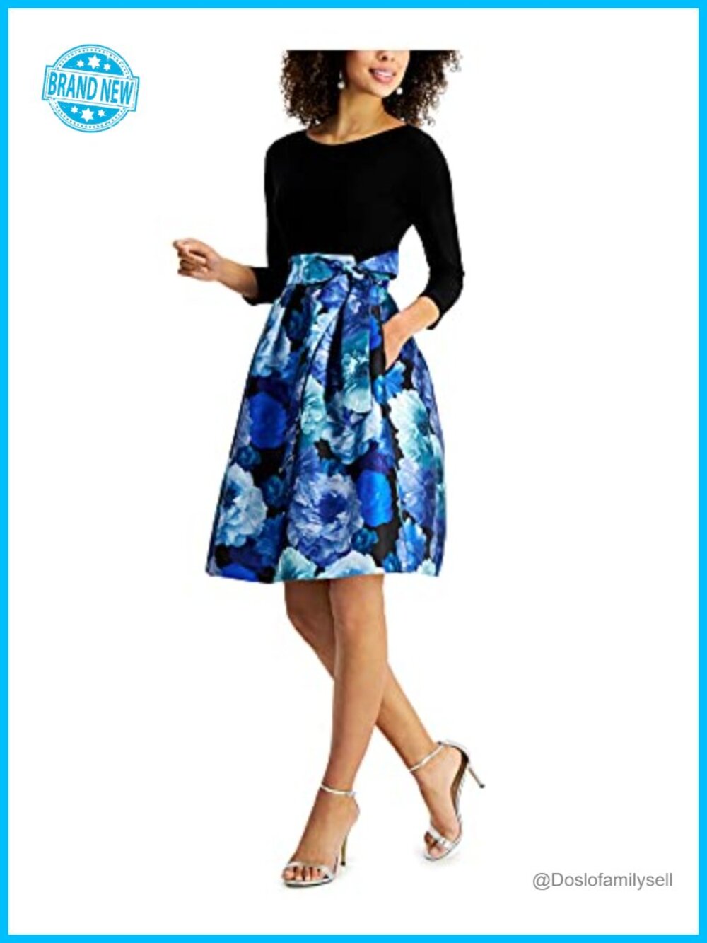 Jessica Howard Floral Faux Wrap Midi Dress Tie Waist 3/4 Sleeve